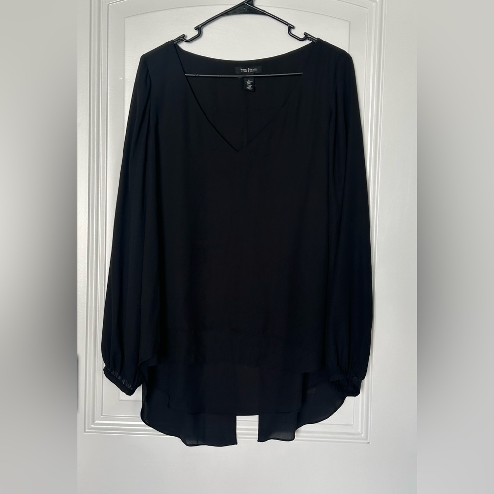 White House Black Market Black V-Neck Blouse. Size 12